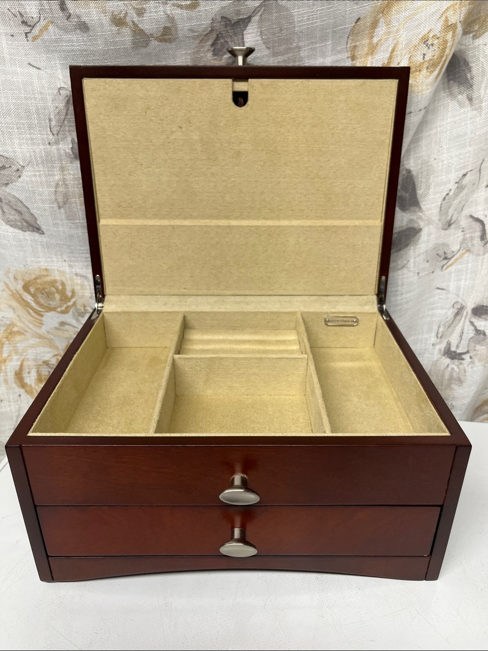 Reed & Barton Wood Finish Jewelry Organizer with Beige Velvet Interior